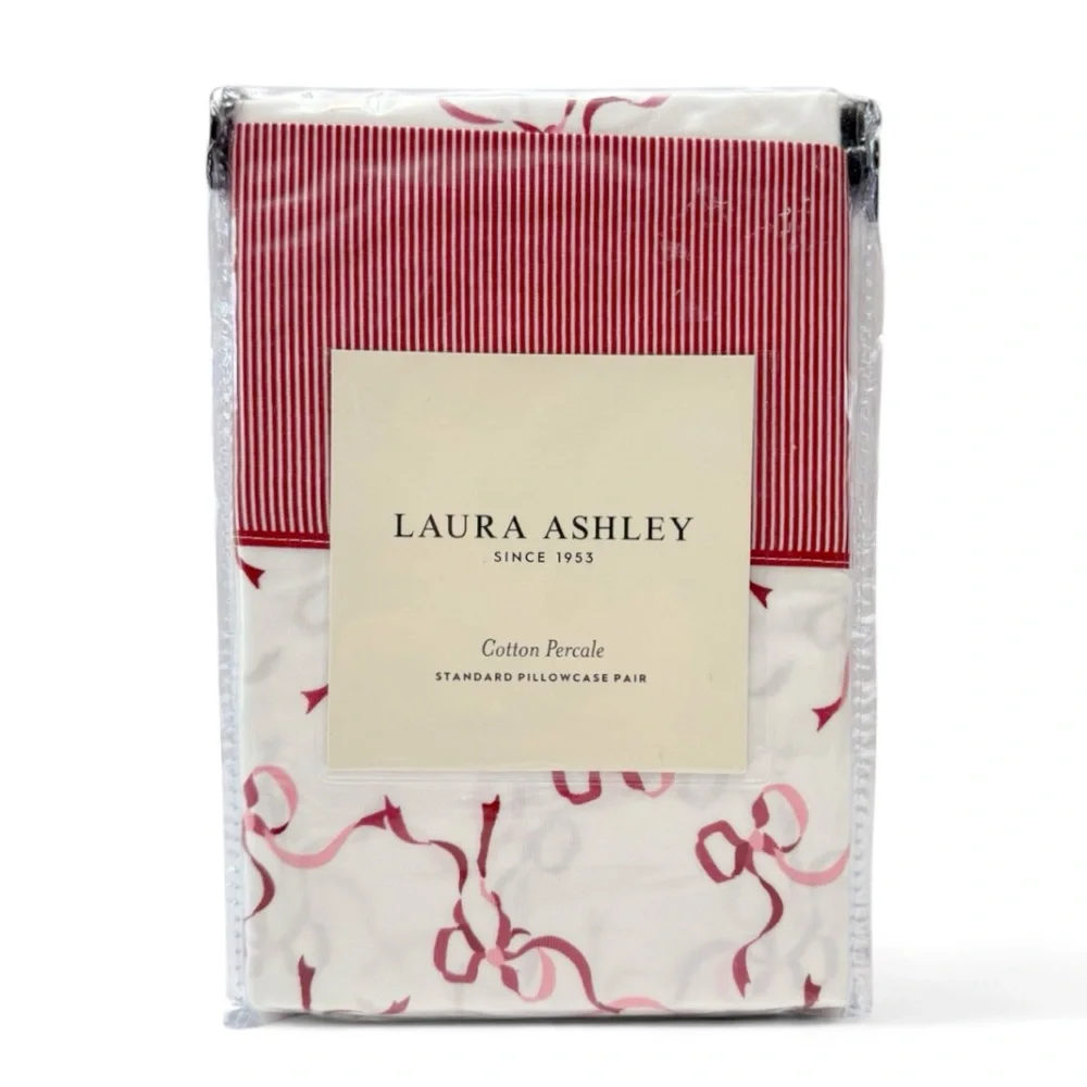 Laura Ashley Red Trailing Bows Stripe Set of 2 Cotton Standard Pillowcases NEW